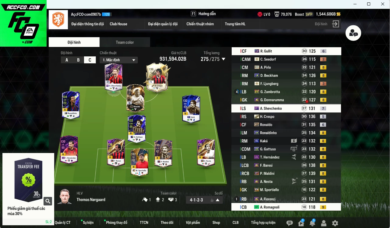 AC Milan 931.590b có Ronaldo BDO+6, Crespo ITM+5, Maldini CC, Baresi HG, Ronaldinho LN, Beckham LN, Sheva UT+7, Nesta HG, Gullit CU+6, Kaká FA... HLV Xịn